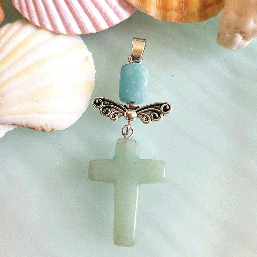 Natural Aventurine Cross Pendant Necklace NWT